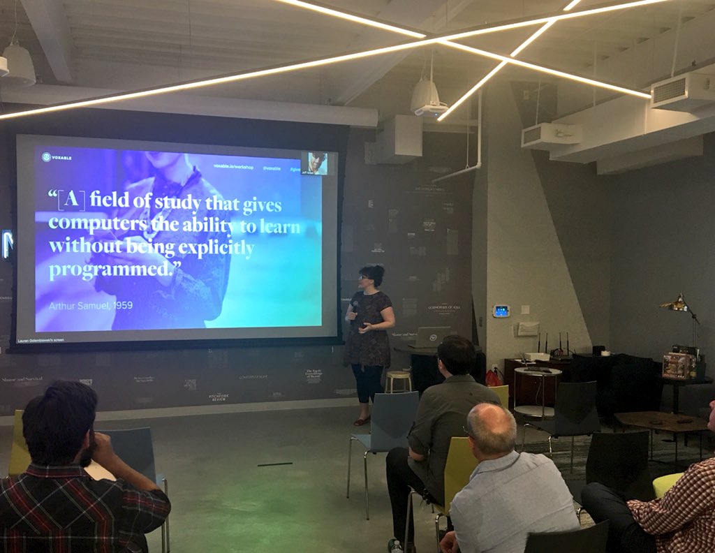 voxable's tweet photo. Here’s our CEO @LaurenGolem giving a presentation on Designing for Artificial Intelligence at tonight’s #Talkabot. Missed this talk or want more? Attend @voxable’s Conversational Design Workshop next week! Buy your ticket here: https://t.co/m63jioHo7W https://t.co/2N2BlvkcV7