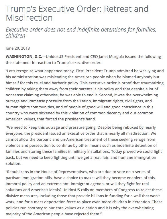 .<a href="/realDonaldTrump/">Donald J. Trump</a>’s #ExecutiveOrder is further proof that this cruel &amp; barbaric policy was of his own doing and undoing and that the outrage/pressure of millions of Americans made this happen.  But our work is not done. #FamiliesBelongTogether