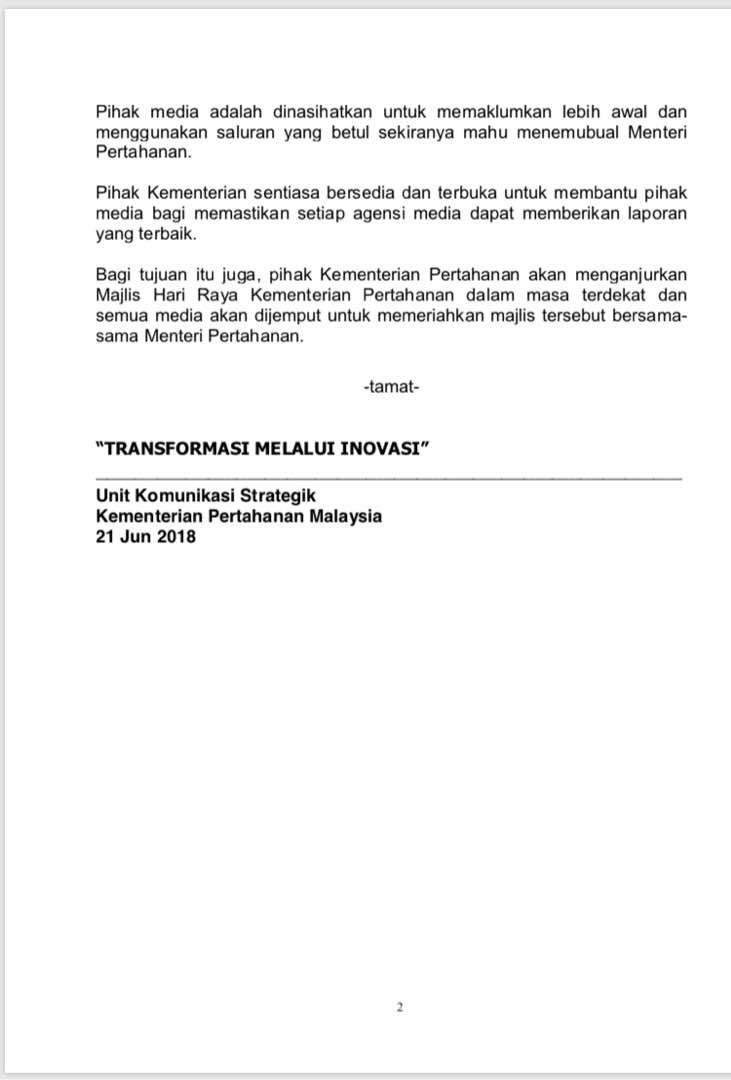 Siaran Akhbar Unit Komunikasi Strategik (UKS) Kementerian Pertahanan : Isu Layanan Terhadap Media.