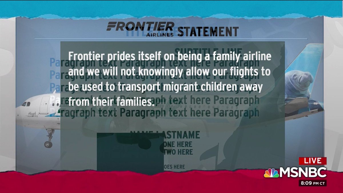 rkolsen's tweet photo. Rare #graphicsfail on @msnbc and @maddow on airlines stating that they won’t transport migrant children. https://t.co/QxHoWBL9rL