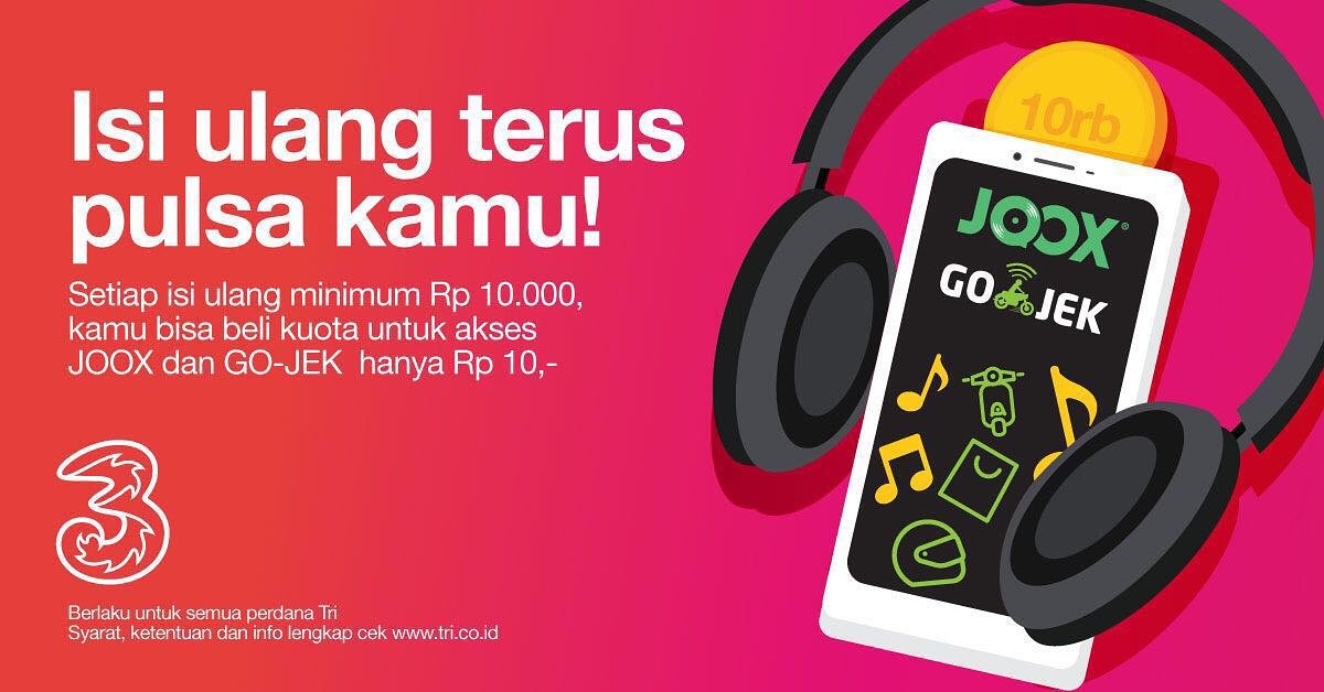 Ayo isi terus pulsa kamu dan akses JOOX dan GO-JEK hanya Rp10. #gojek #joox #tri #triindonesia #sayangitutri