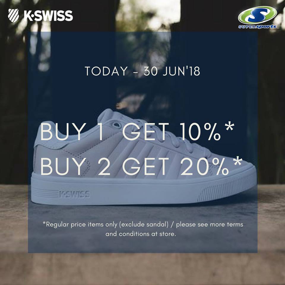 supersports_th's tweet image. Supersports Special Offer !
K-SWISS
Today – 30 Jun’18

Wow ! K-Swiss promotion “BUY 1 GET 10%* OFF / BUY 2 GET 20%* OFF”. Available now at Supersports store.

*Regular price items only (exclude sandal)

#SupersportsThailand #Kswissth #KswissThailand