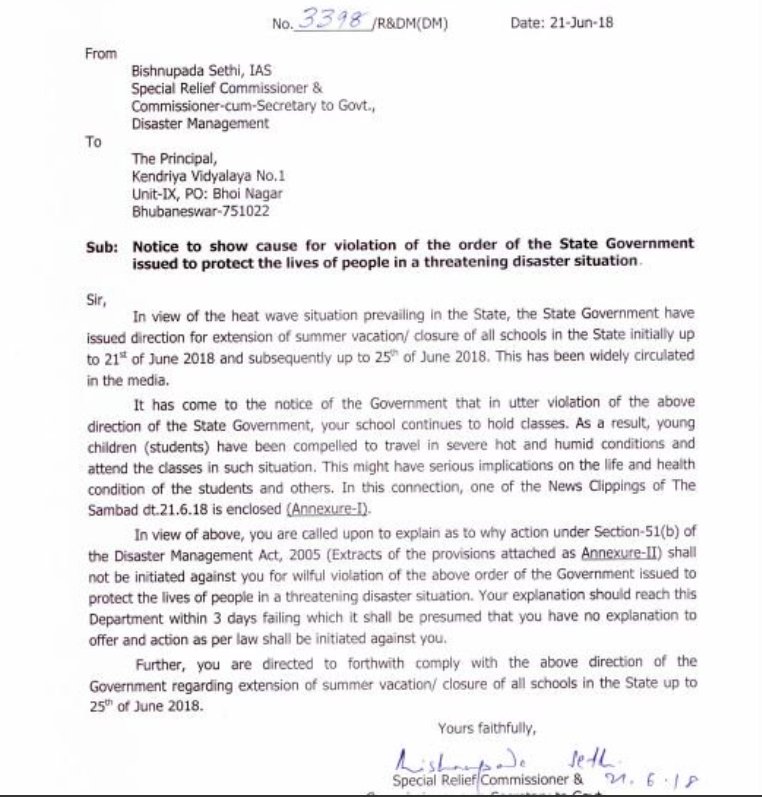 NandighoshaTV's tweet photo. Show cause issued to principal of Kendra Vidyalaya No.1, Bhubaneswar by Special Relief Commissioner, Bishnu Prashad Sethi, asking why he has reopened the school after repeated notices. #Government #Notice #Flouted https://t.co/SMsWWPLXe6