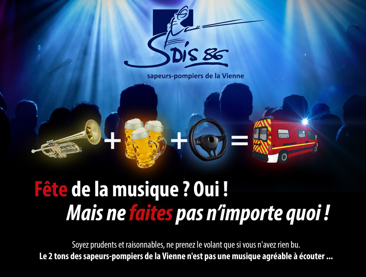 sdis86's tweet photo. #FeteDeLaMusique🎺, oui, mais ne #FaitesPasNimporteQuoi 🥂!
Soyez prudents et raisonnables, ne prenez le volant que si vous n'avez rien bu.
Le 🎵#2tons 🎶🚒des sapeurs-#pompiers de la #Vienne86 n'est pas une musique agréable à écouter ... https://t.co/W9Ps4VWrZp