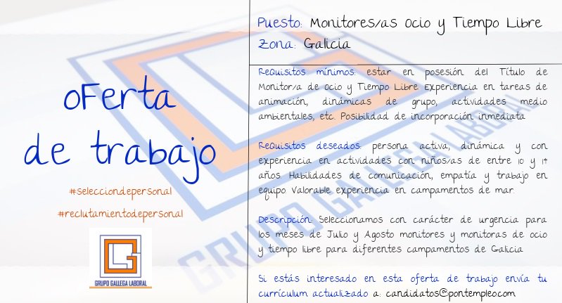 Pontempleo's tweet image. Seleccionamos #Monitores 👱‍♂️ #Monitoras 👱‍♀️de #Ocio y #TiempoLibre para diferentes #campamentos de #Galicia. Si estás interesado/a en esta #OfertaDeEmpleo, envíanos 📧 tu #curriculum 📋 actualizado a nuestra #dirección de #CorreoElectronico candidatos@pontempleo.com