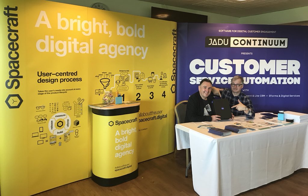 jadu's tweet image. We’re up and running with @SpacecraftUX at the Digital Innovation in #localgov day in Exeter - come to say hello 👋🏻 for the chance to win a mystery box!