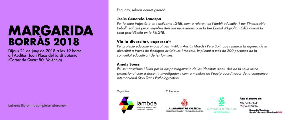 IgualtatVLC's tweet photo. Voleu tornar a viure esta vesprada l'acte de lliurament dels Premis #MargaridaBorràs de @lambdavalencia? Nosaltres sí! Per una societat més justa i diversa #LGTB #OrgullVlC2018
Us hi esperem!🌈🌈 https://t.co/h1sEHVGqQc