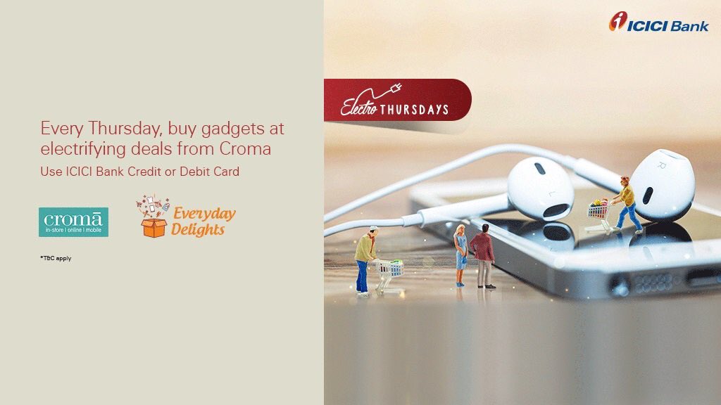 ICICIBank's tweet photo. This #ElectroThursday, bring home your favourite gadget from @cromaretail! Pay using #ICICIBank cards and get ₹1000 off! Shop now:  https://t.co/nKoTRakMJy https://t.co/ITDGJvTZ5X