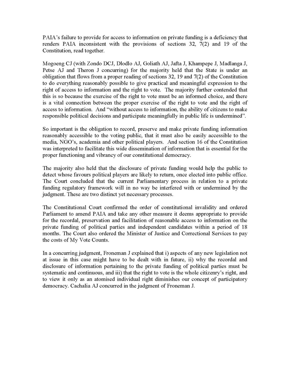 ConCourtSA's tweet image. Judgment: PAIA is declared constitutionally invalid for failing to provide for the recordal, preservation and disclosure of private funding information of political parties and independent candidates. (My Vote Counts v Minister of Justice)