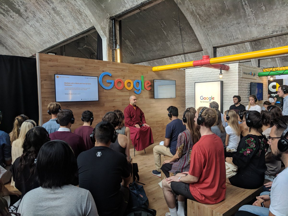 GoogleStartupDE's tweet photo. Freeing up headspace for TOA day 2 as Monk Gelong Thubton is guiding us through a mindfulness meditation at the Google Stage at #TOA18 #GOOGLExTOA https://t.co/FwMNJguCvJ
