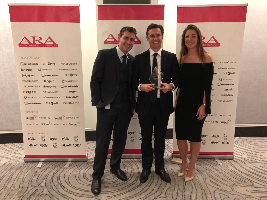 originenergy's tweet photo. Great to see Peter Rice, Liam Barry and Victoria Watson from Origin’s IR team accepting an @arawards last night for Origin’s 2017 annual report. #corporatereporting https://t.co/4OsI0iijkT