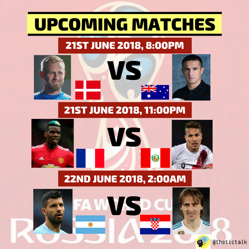 thetictalk's tweet photo. World Cup Match for tonight! Are you fellas ready for :-

#DENAUS  : Denmark vs Australia
#FRAPER   : France vs Peru
#ARGCRO : Argentina vs Croatia 

#WorldCup #WC18 #WC2018 https://t.co/AR5vFD2yHW