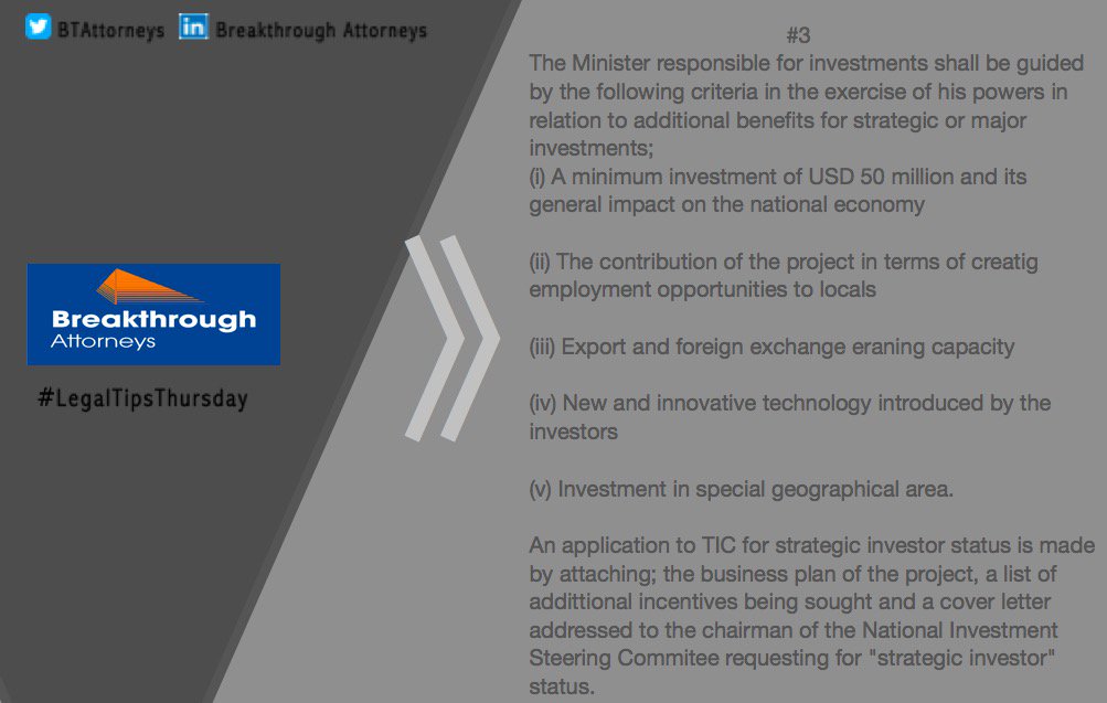 BTAttorneys's tweet photo. This Thursday, the Corporate department at Breakthrough Attorneys discusses investment matters on #LegalTipsThursdays. We examine the incentives available to investors under the Tanzania Investment Act Cap 38 RE:2002 and the Tanzania Investment Regulations G.N. No.381A of 2002 https://t.co/2yyhOsoihU