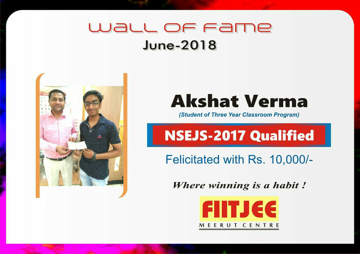 MeerutFiitjee's tweet photo. Akshat Verma student of Three Year Classrom Program being felicitated as per company policy for qualifying NSEJS 2017 & securing #AIR2 in CBSE #ClassXth Boards.
#FIITJEEMeerut #Congratulations Wall of Fame Series 1.1 Jun 2018 #ProudMoments https://t.co/InYGbxQe2C