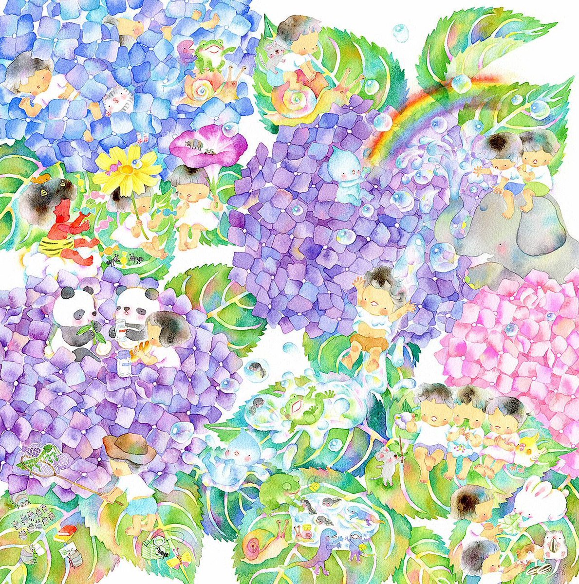 こばやしあや あじさい保育園の絵が完成です お歌をうたったり ぞうさんと水遊び カエル やかたつむり さんのおいかけっこや お迎えのシーンなどなど うちのおちびを思い出しながら描 絵 水彩画 水彩 イラスト Drawing Illustration