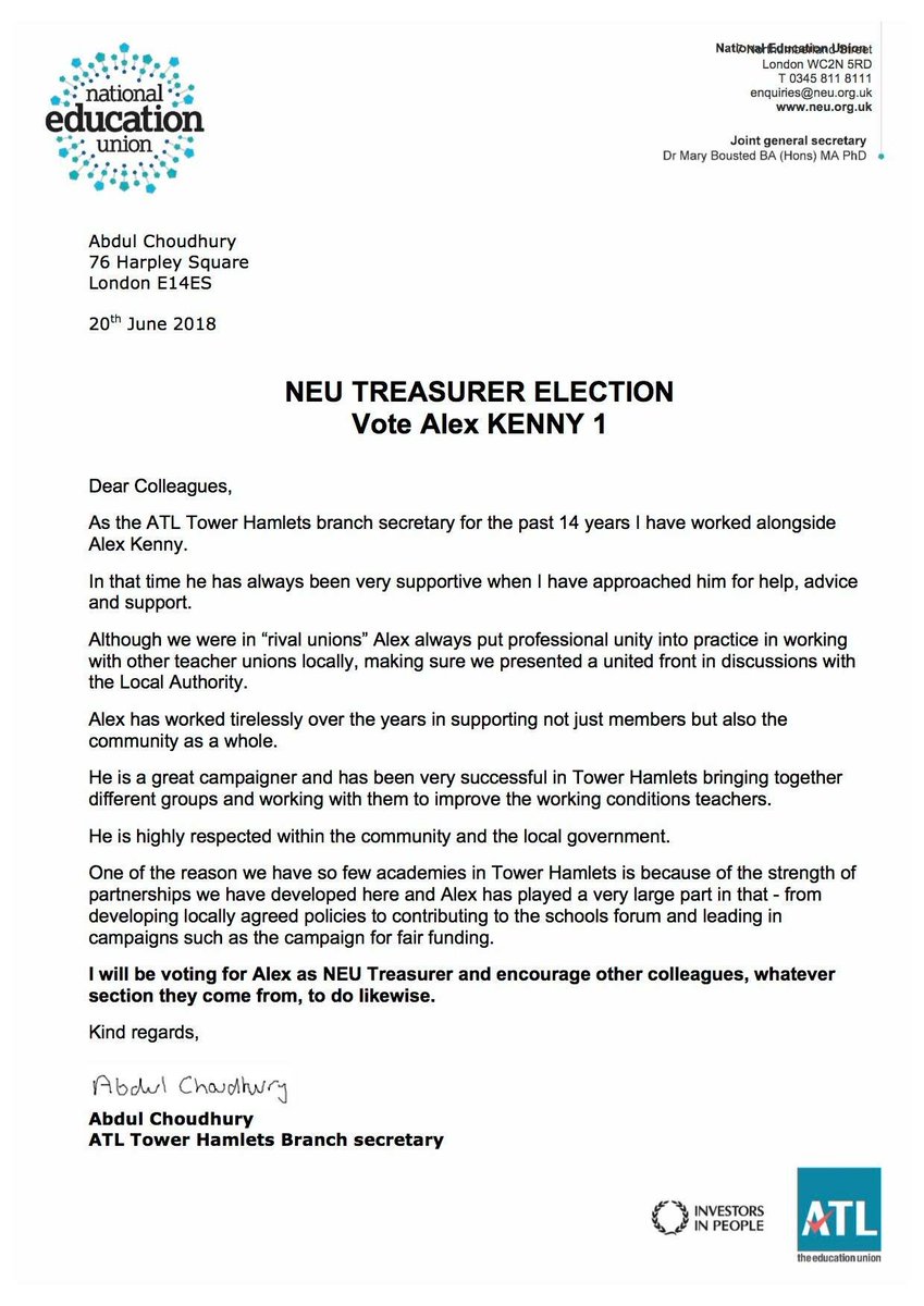 Alex_Kenny_NEU's tweet image. Here is a letter of endorsement from my local ATL colleague, Abdul Choudhury - much appreciated #professionalunity