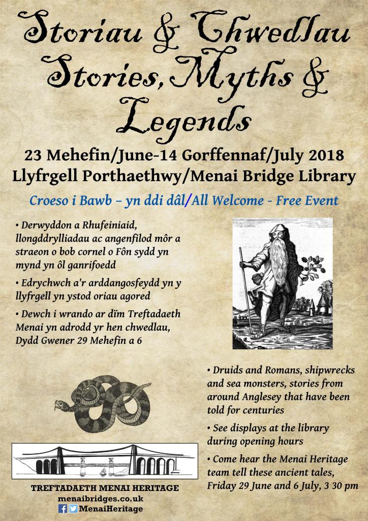 Come see our Myths &amp; Legends displays @ Menai Bridge Library, starting Saturday. Also storytelling sessions 29 June &amp; 6 July.