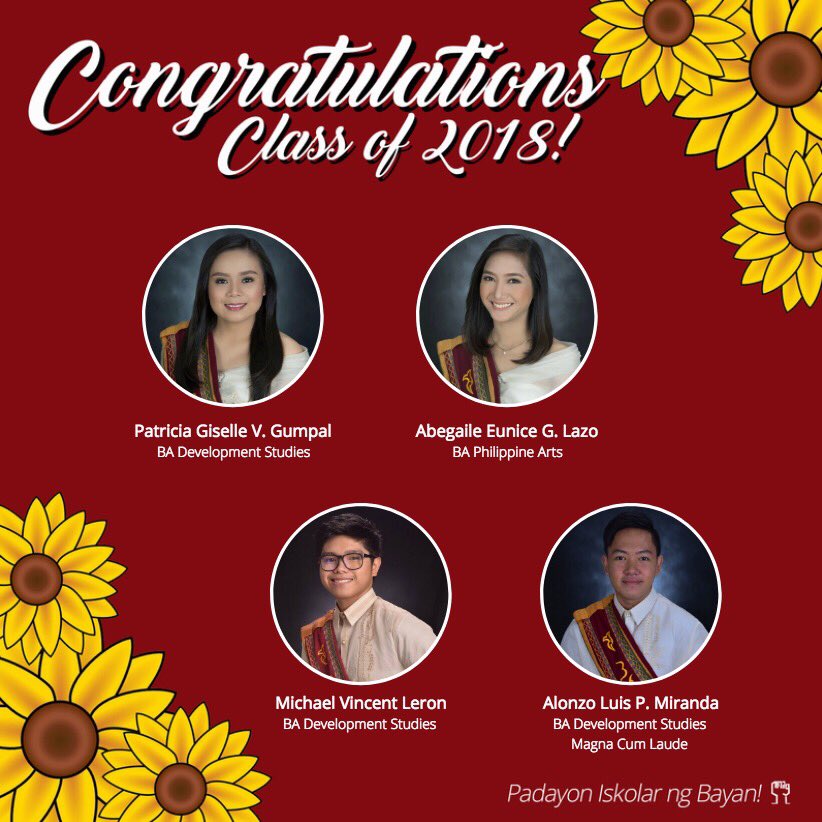 UPMCASSINAG's tweet photo. Pagpupugay sa mga nagsipagtapos mula sa SINAG ng Kolehiyo ng Agham at Sining!

Iskolar ng Bayan,
Paglingkuran ang Sambayanan! 🌻 https://t.co/ccoKmL2oW9