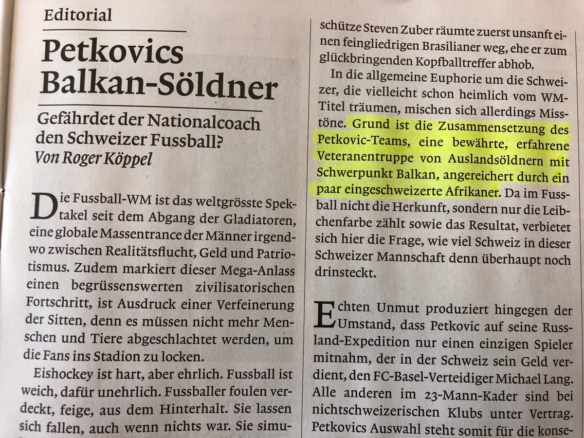 „Eingeschweizerte Afrikaner, Ausländervorrang in der Nati!“ 

Ich freue mich über jedes Goal, von Schär oder Akanji, egal!!

#HoppSchwiiz #WorldCup #Nati