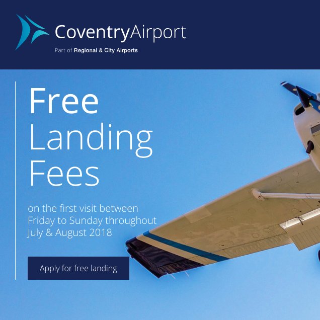 PRESS RELEASE: Coventry Airport 🛩 is now delivering full AFISO operations, replacing the previous Air Ground Service.

To celebrate, we are offering free landing fees to GA pilots on their first visit between Fri-Sun in Jul &amp; Aug 18 🗓

More info 👉 coventryairport.co.uk/GApromo