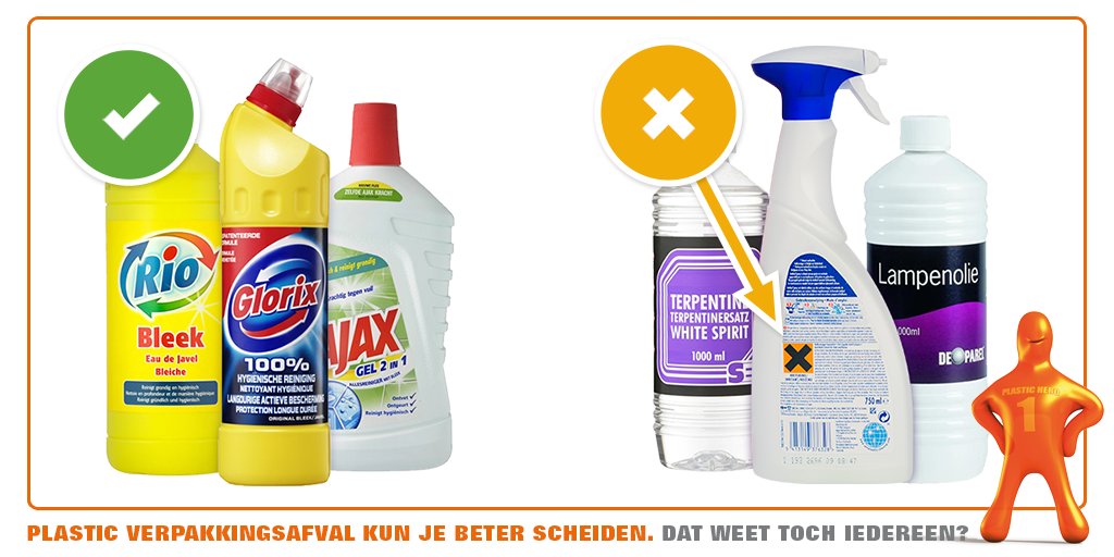 Lege schoonmaakmiddelverpakkingen mogen bij het verpakkingsafval, tenzij er chemisch afval in heeft gezeten. Lege bleekflessen mogen wél bij het plastic afval, maar flessen waar terpentine in heeft gezeten niet. Je herkent dit aan het zwarte kruis in een oranje vlak op de fles.