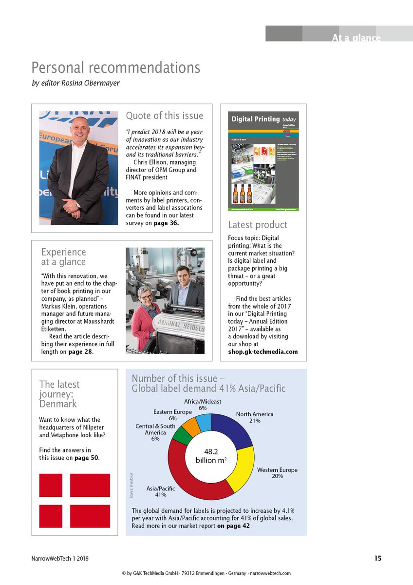NarrowWebTech's tweet image. At the beginning of 2018 #NarrowWebTech started the new format &quot;At a glance” featuring the most interesting articles, the best quote or also the latest market data within each issue as well as online - learn more here: bit.ly/2tkwGJg  #labels #PRINTING #LabelPrinting