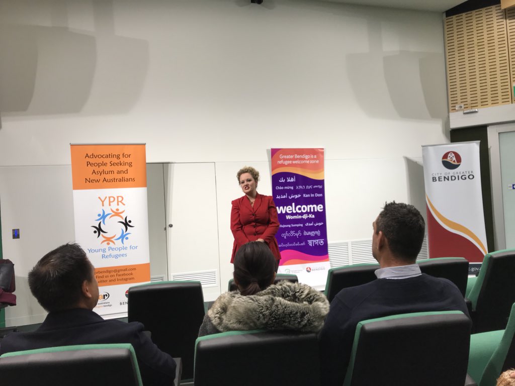 JacTG1's tweet photo. @AlFadak shares her story tonight with the #Bendigo community in her #MeetFadak campaign. Thanks for sponsoring tonight @yprbendigo and @GreaterBendigo!!! ❤️ #WithRefugees⁠ ⁠ https://t.co/2qm1sjaKDI