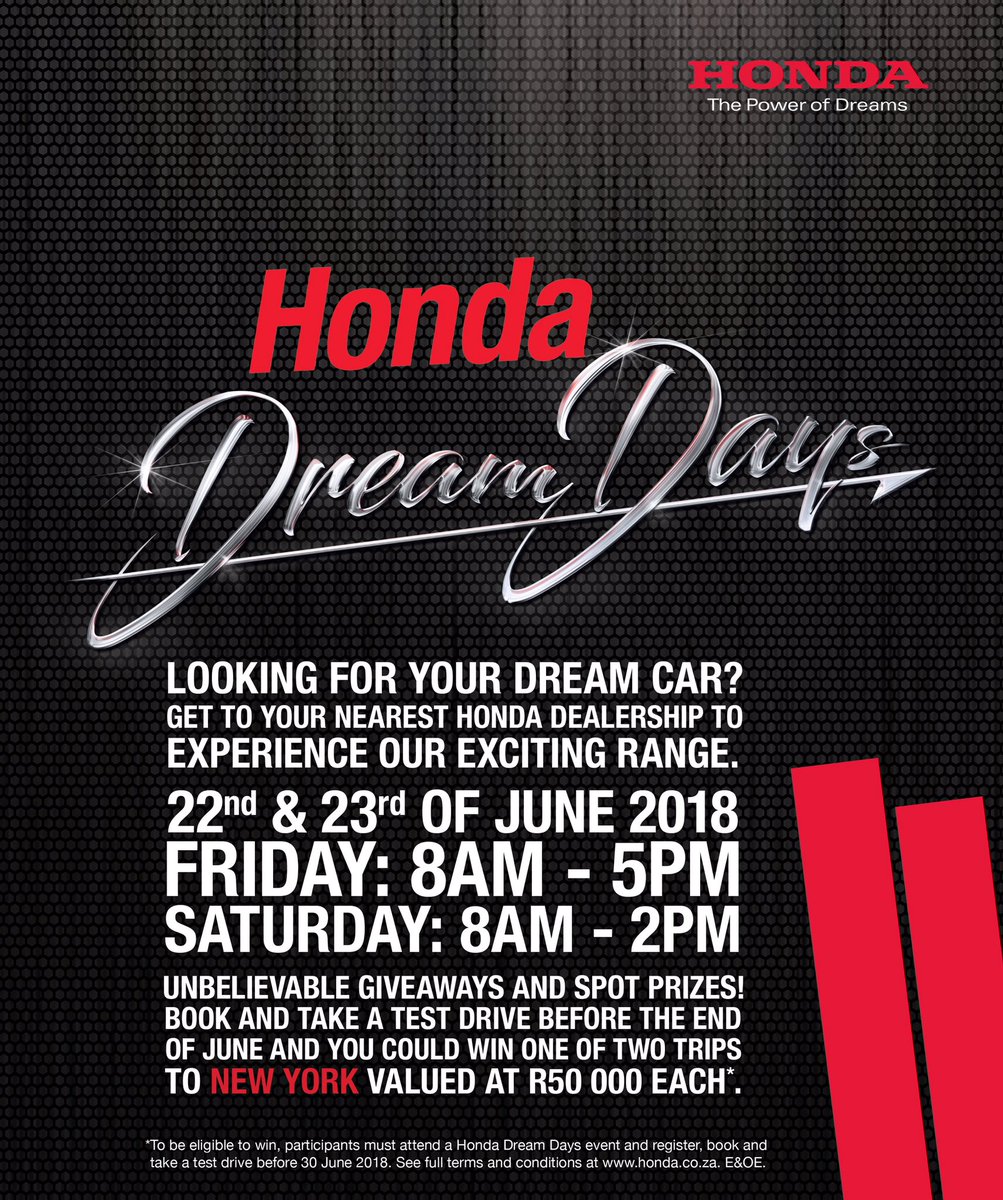 aerotropolisSA's tweet photo. Honda SA Dream Days on the 22 &amp; 23 June 2018 

Visit Honda East Rand Mall and experience the Power of Dreams with unbelievable giveaways and spot prizes and stand a chance to win one of two trips to New York

@PlatGoldRadio will be broadcasting live on Saturday https://t.co/TUMUTyso5d