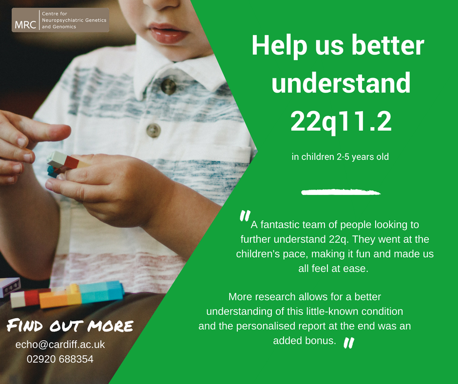 Help us better understand 22q11.2 by taking part in our research study. If you are interested and have a child aged 2-5 yrs old please get in touch with the team echo@cardiff.ac.uk. Here is a lovely comment from a participant explaining what their experience was like.