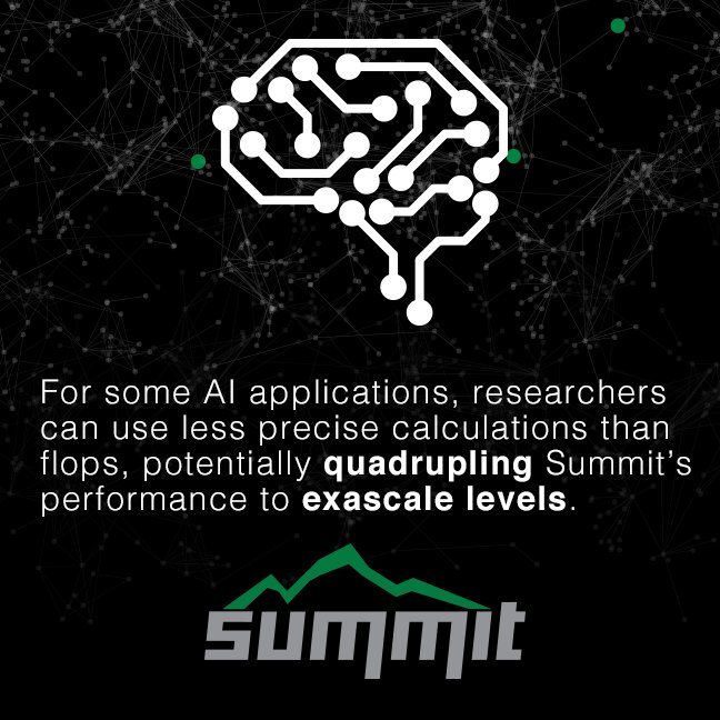 OLCFGOV's tweet photo. By using reduced numerical precision calculations, researchers can get even more performance out of Summit for some #science applications. #SummitFacts https://t.co/l0ZKTCnLeN https://t.co/FUBL9aOuWW