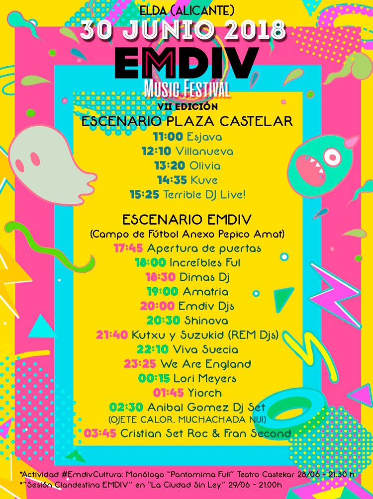 EmdivFestival's tweet photo. ⭐️HORARIOS EMDIV MUSIC FESTIVAL 2018⭐️

🙌POR QUE QUEREMOS QUE DISFRUTÉIS DE ALGO MÁS QUE UN FESTIVAL💙🎶💙
🎟Compra tu entrada por solo 27€(+gd) y EL DOMINGO A LAS 23:59 SE CIERRA LA VENTA DE ENTRADAS VIP(54€+gd)🎟
👉https://t.co/Rze3x8mgvr

#YoVoyAlEmdiv #EMDIV2018 #Elda https://t.co/2o4JZv8hi9
