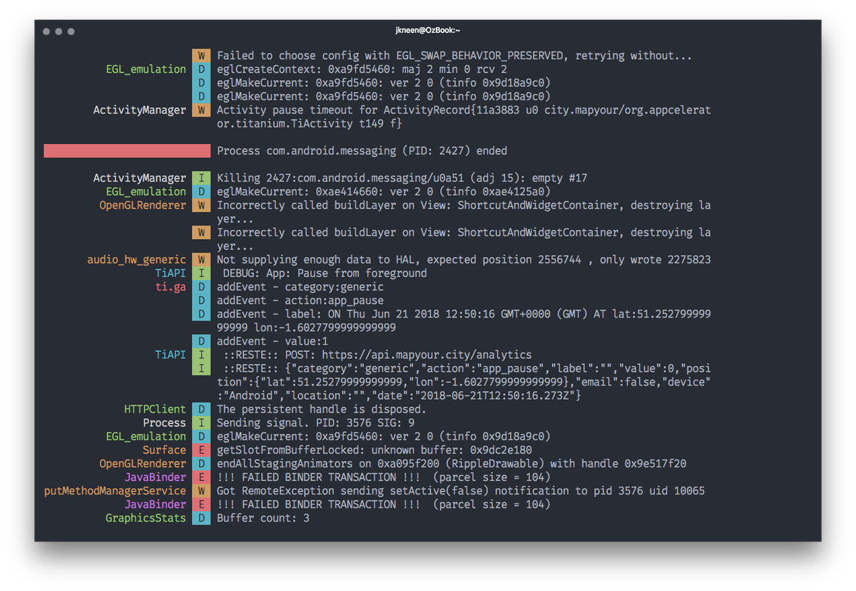 jasonkneen's tweet image. Lovely coloured logcat giving more detail to Android logs — very handy for debugging.

#tidev #appcdev

github.com/JakeWharton/pi…
