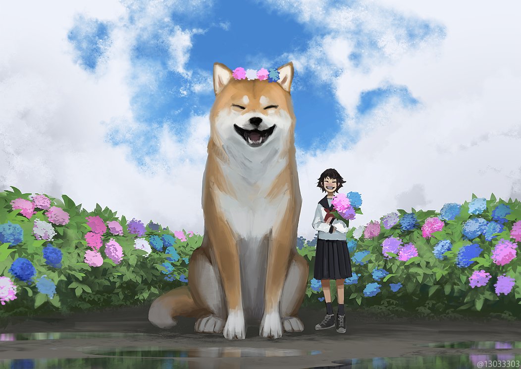 1girl flower hydrangea skirt school uniform sky outdoors  illustration images