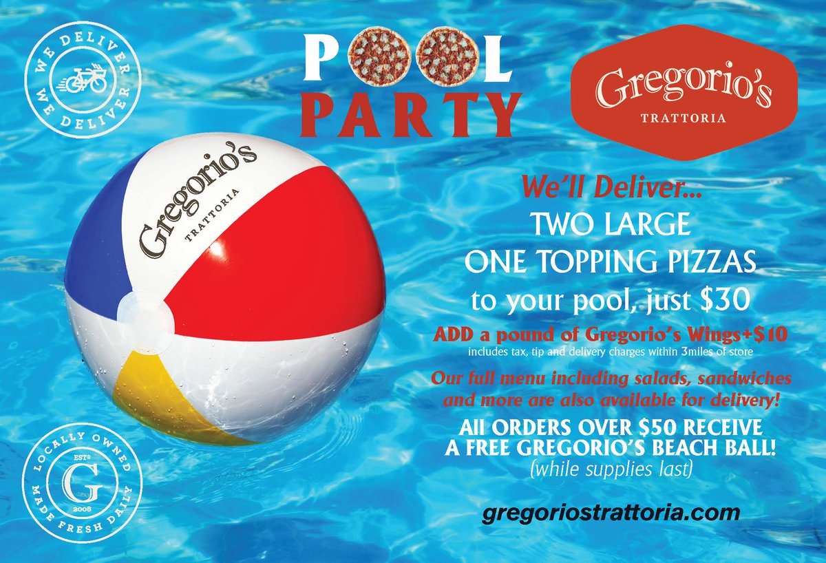 GregoriosTratt's tweet photo. Enjoy your days at the pool! Let Gregorio's deliver your summer meals PLUS A FREE BEACH BALL for orders over $50 (while supplies last) Welcome Summer Solstice!  https://t.co/LsCjd45l5r https://t.co/y0DlUnfpLG