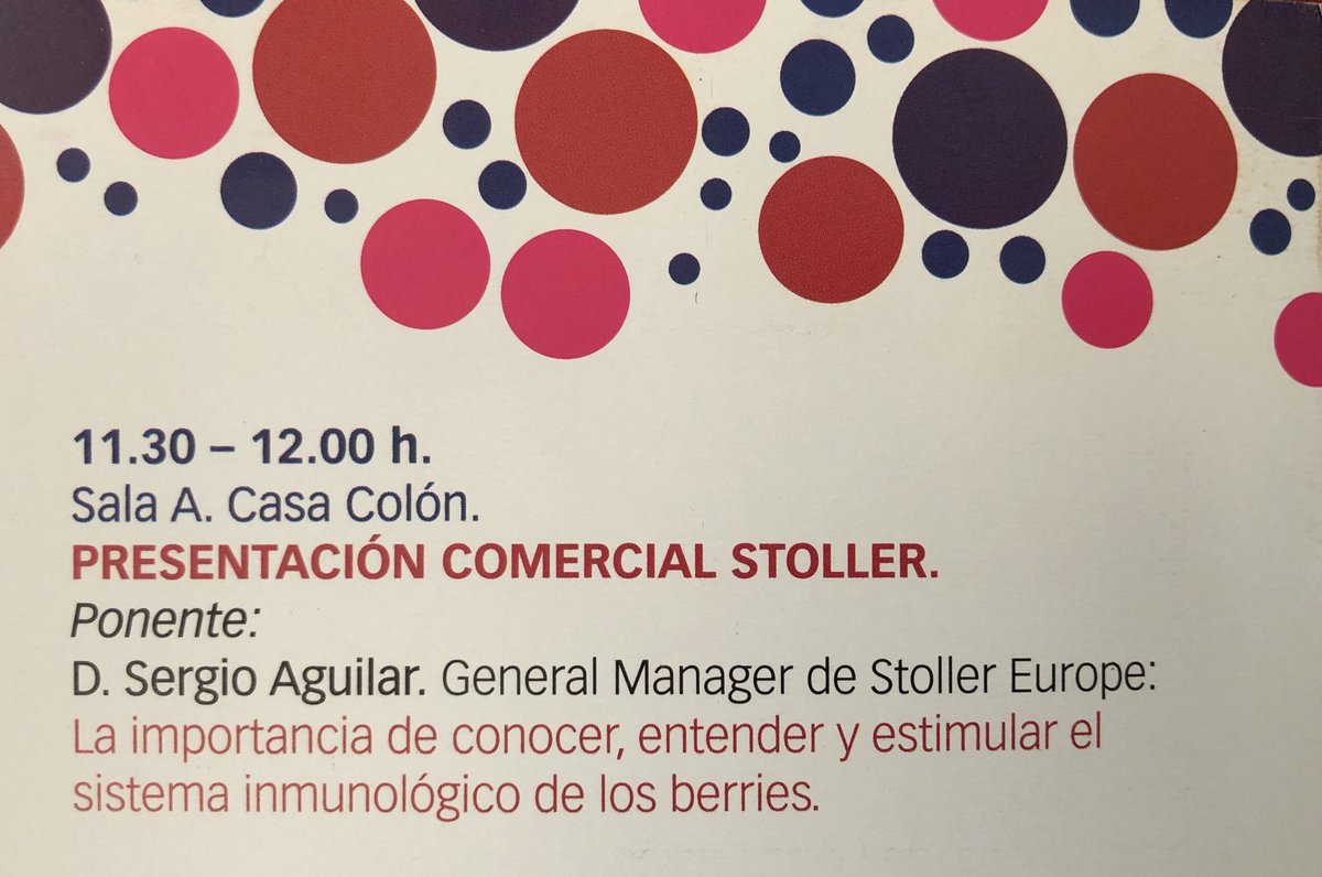 StollerEurope's tweet photo. A las 11:30h el gerente de #StollerEurope,Sergio Aguilar, nos hablará sobre “La importancia de conocer, entender y estimular el sistema inmunológico de los #berries” dentro del programa del #IVCongresoFrutosRojos ¡¡Estad atentos!! 🤓
#WeAreStoller #WeAreKnowledge
#CharlasTécnicas https://t.co/rAQuVdO5eQ