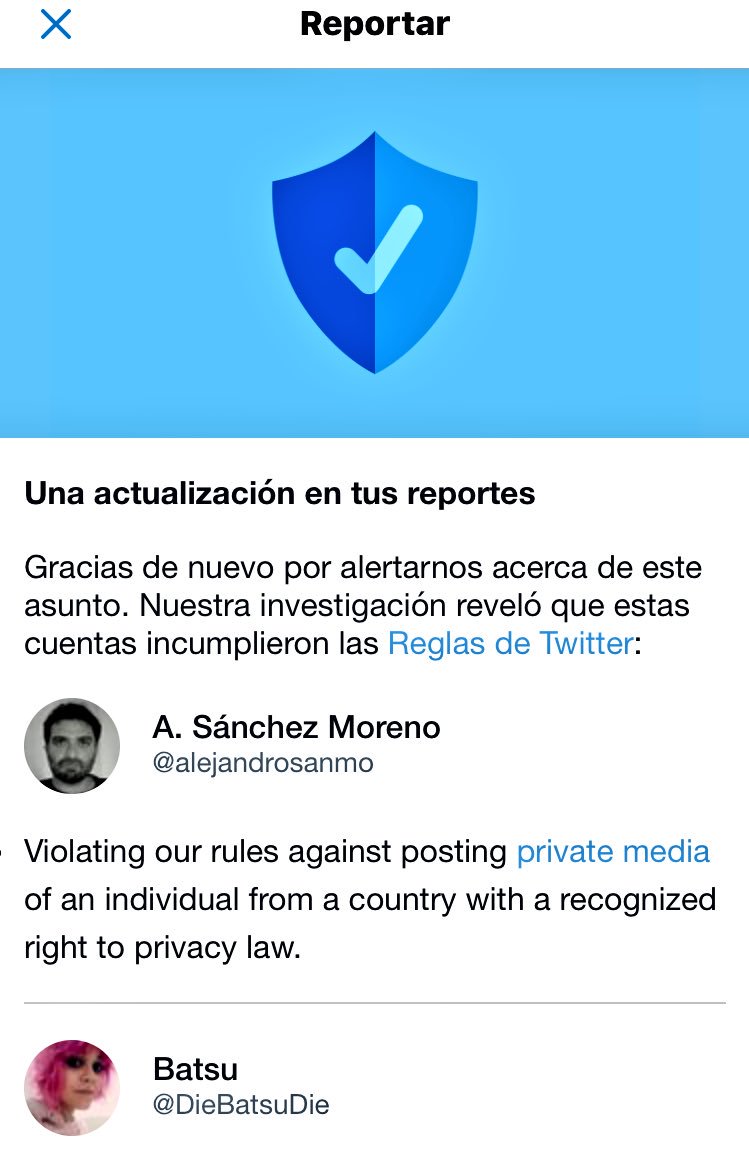 LaReportadora's tweet photo. Una actualización en tus reportes
Gracias de nuevo por alertarnos acerca de este asunto. Nuestra investigación reveló que estas cuentas incumplieron las Reglas de Twitter:

alejandrosanmo
DieBatsuDie https://t.co/mQL0Wc4xxV