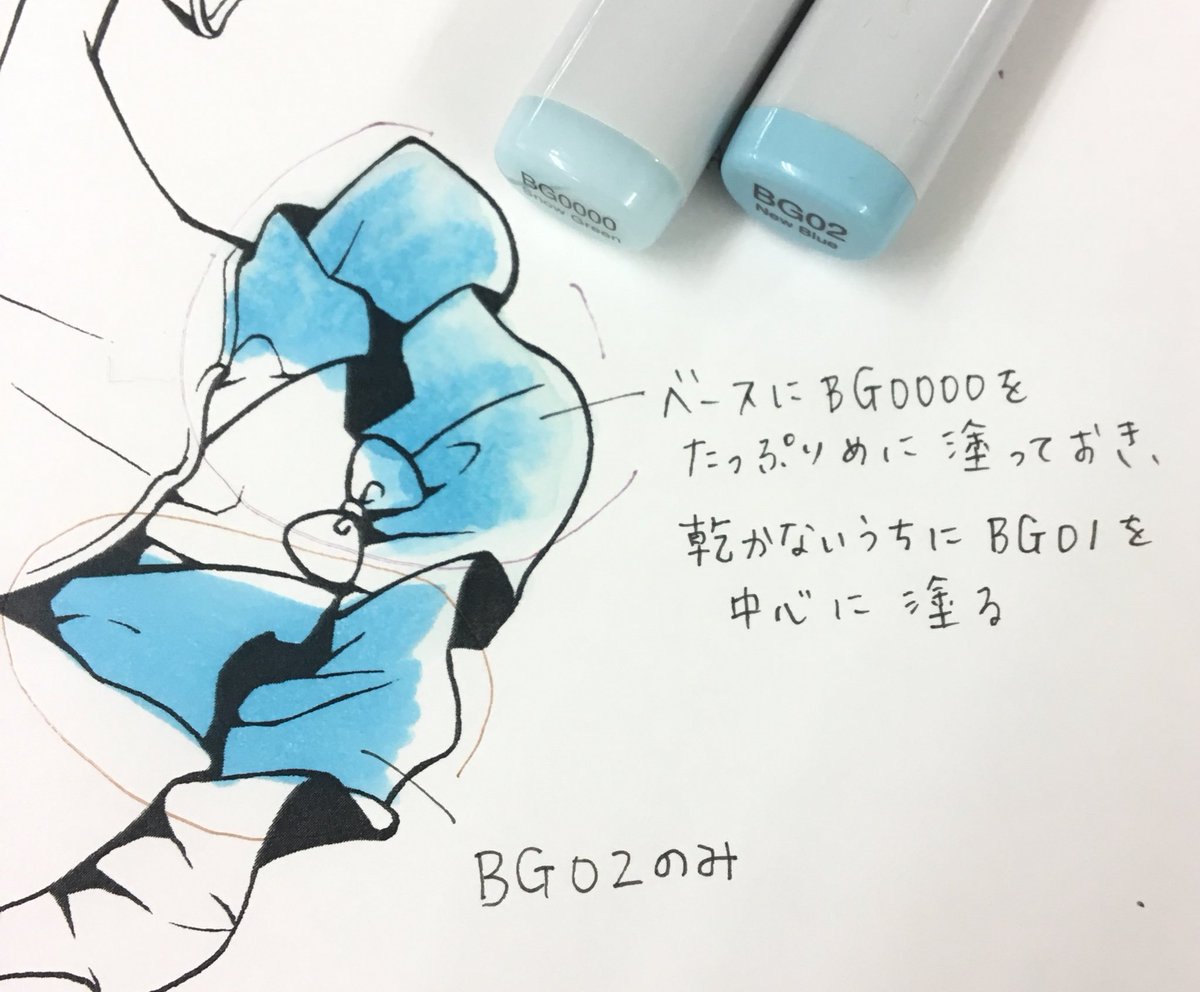 コピック公式 Copic Official コピックの透明感の出し方は本当に人それぞれだと思いますので 光が当たり部分的に透き通ったように見える のを再現する一例を 1 塗りたい色に近い薄い色を塗っておきます 2 そして乾かないうちに色を乗せることで