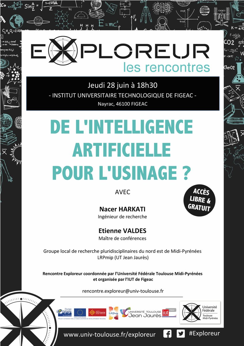 L'#IA au cœur de l'actualité de @Univ_Toulouse ! 🔜 J-7 avant la #rencontre #Exploreur en @Occitanie sur l'#usinage et l'#IA à l'@IUTFigeac : 🔹une expérience d'usinage en direct, 🔸la découverte d'usinages innovants sur des principes de #mécatronique ! bit.ly/2Mbeeuw