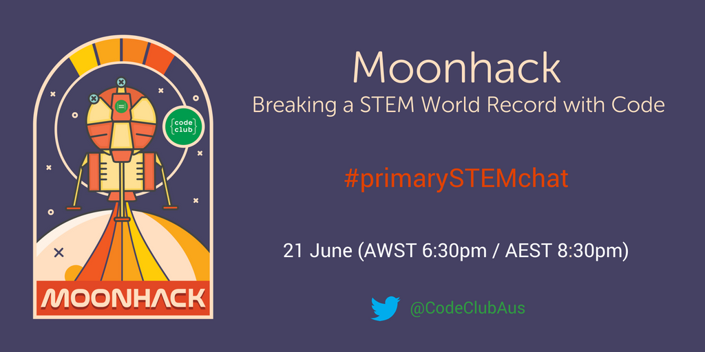 CodeClubAus's tweet photo. T-minus 1 hour and counting until our #Moonhack themed #PrimarySTEMChat! We hope everyone is as excited as we are! https://t.co/kzHmoLLBeG