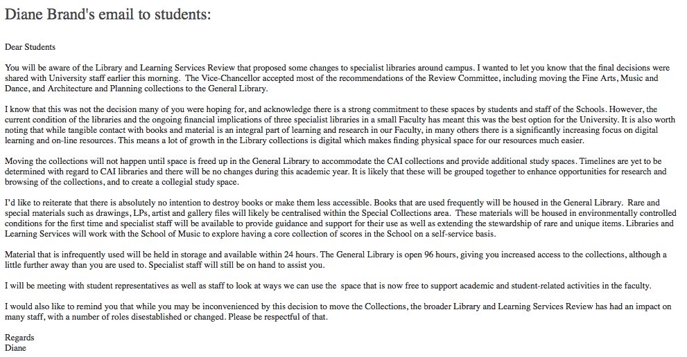 SaveElamLibrary's tweet image. Copies of the emails sent to students and staff by Diane Brand, the Dean of Cai, and Stuart McCutcheon, the Vice Chancellor: #saveourlibraries