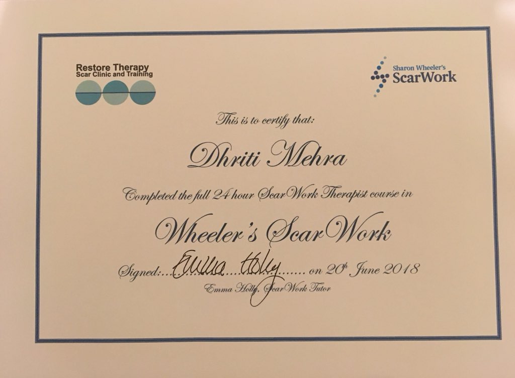 I am so happy to share that I can now offer #SharonWheeler’s #ScarWork, #certified and #insured. All enquiries to dhriti@dhritimehra.com #scar #scars #ceasariansection #cancer l #diepflap #reconstruction #mastectomy #animalbites #sportinjuries #surgicalscars #burns #keyholescar