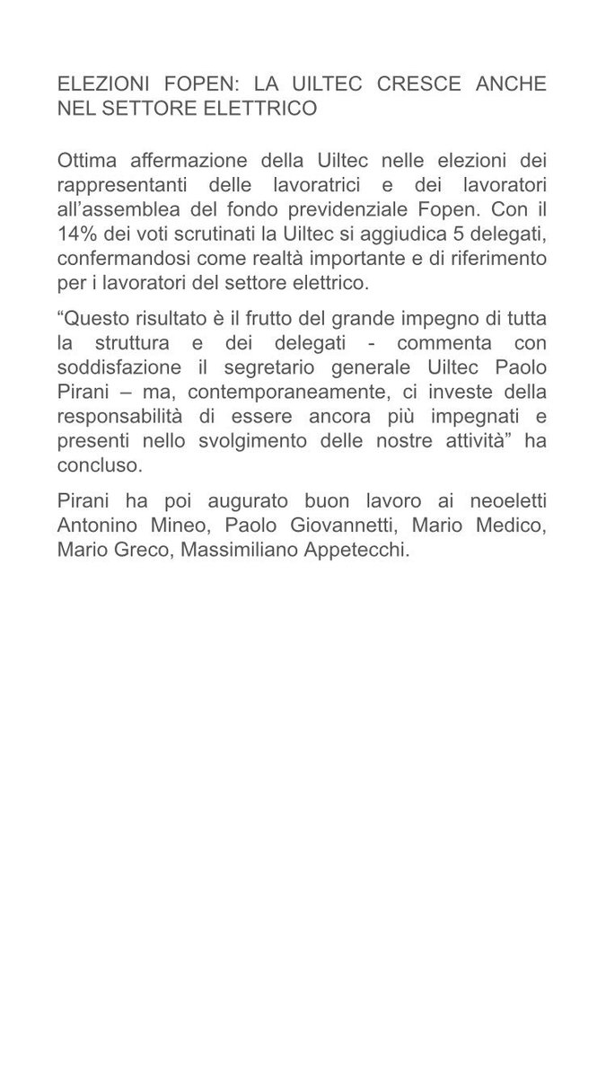 PiraniP's tweet image. Elezioni #fopen la ⁦@UILTECNAZIONALE⁩ cresce e con il 14% dei voti conferma 5 delegati. In bocca a lupo ai neoeletti e avanti così! #sindacato #fondiprevidenziali #prevdenzaintegrativa #elettrici