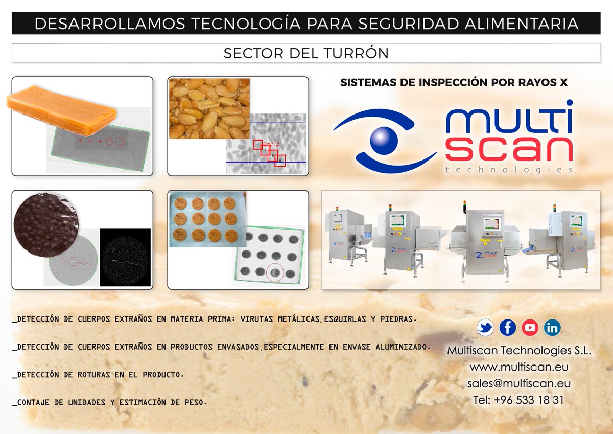 En Multiscan Technologies contamos con avanzados equipos de tecnología Rayos X, para garantizar la seguridad y conformidad en la industria alimentaria.
Sector del turrón.
multiscan.eu/2018/06/21/tec…