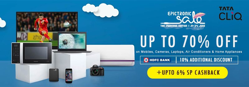 SitaphalOnline's tweet photo. Buy Electronics  at #TataCliqElectronicSale and get #HDFC 10% Discount
With 70% Off on TV, AC, Laptops, Mobile, Etc. with Extra 6% Sitaphal Cashback
Shop at https://t.co/EZtthuwIPU https://t.co/YhLsA94N9p