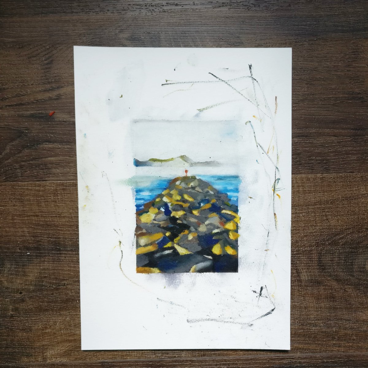 280charactstory's tweet photo. A quick landscape in oil pastel. I am eventually going to cut the border off but I like the marks where I cleaned my blending stick so I'm going to keep it for now. #sketchbook #artoftheday https://t.co/K3y2Y988Rx