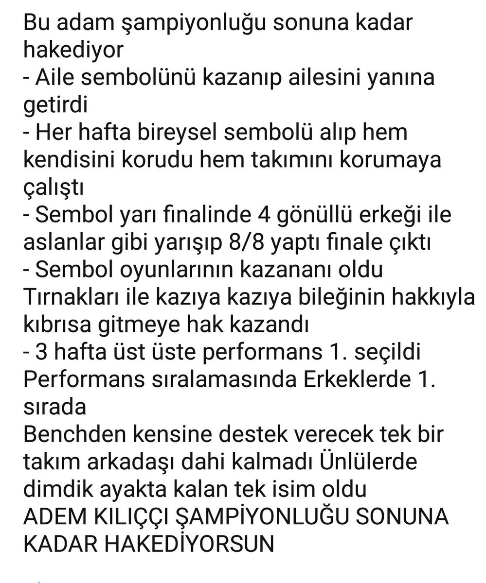 Ananın ak sütü kadar helaldir sana Şampiyonluk👊🏻

#ademkilicci #akfc #survivor #survivor2018