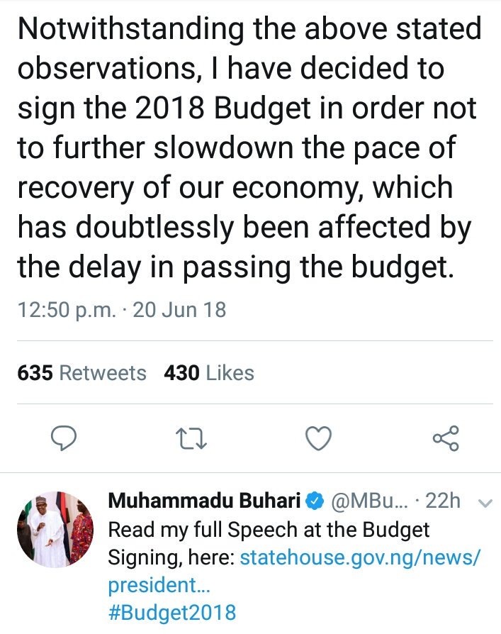 PolicyAlert's tweet photo. Yesterday, #2018Budget was signed into law by President @MBuhari. In his budget speech, he berated @nassnigeria for cutting down votes that'd improve national infrastructure dev &amp; increasing their (NASS) vote. 

Currently, the #2018BudgetPresentation is ongoing. 

Your opinion. https://t.co/Jn4qdesq1p
