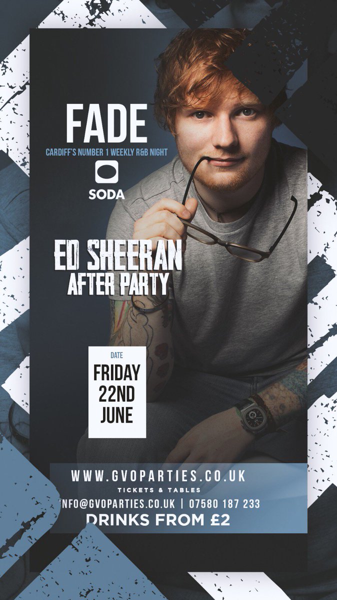 Off to the Ed Sheeran Concert in Cardiff tomorrow night? 

Come and join us for the after party at FADE x SODA!!! 🙌
#FadeFridays #edsheerancardiff