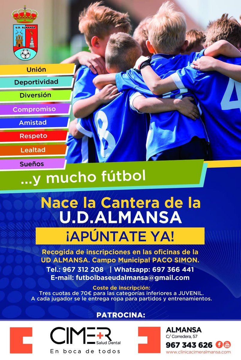 Os recordamos que está abierto el plazo de inscripción de nuestra nueva escuela y que ya somos más de 150 niños en todas las categorías.

Pasa a pedir información en nuestras oficinas de <a href="/AlmansaCiudad/">AlmansaCiudad</a> 

Haz que tu hijo crezca en un ambiente deportivo lleno de valores e ilusión.