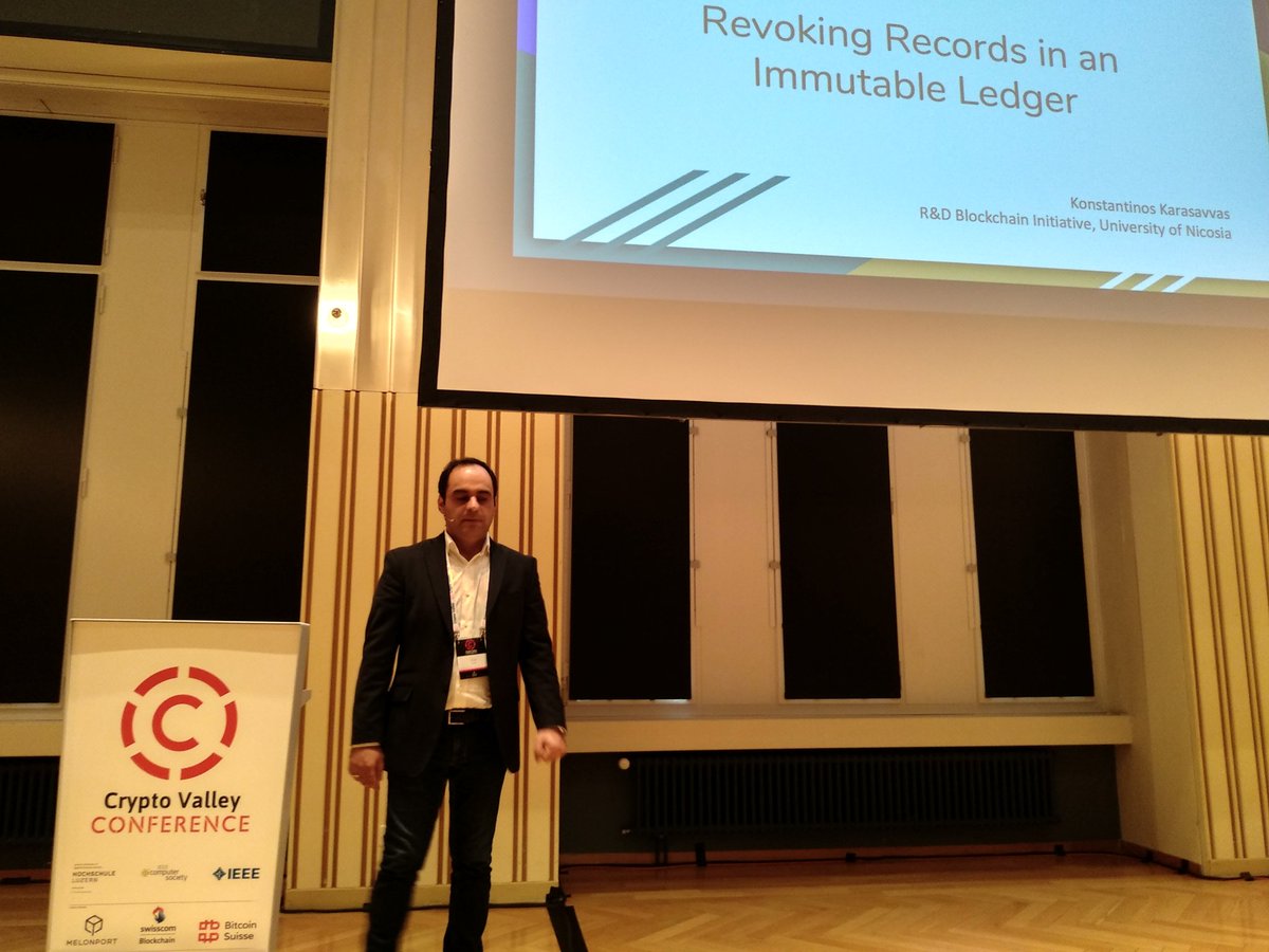 HathorNetwork's tweet photo. Great talk on revoking records in open blockchains at the #CryptoValleyConference, based on the work of @kkarasavvas. Very relevant discussions emerging from academic research presented here. #CVC2018 https://t.co/Dwaqpl5n4G